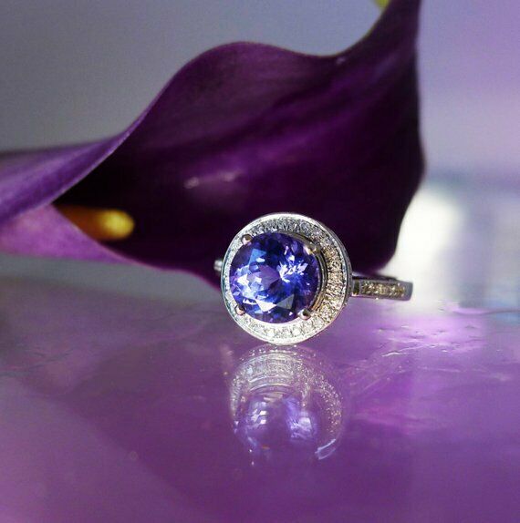 1.4ct Round Cut Blue Tanzanite Engagement Ring 14k WhiteGold Over Halo Solitaire