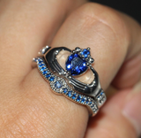 2ct Heart Blue Sapphire Engagement Ring 14k WhiteGold Finish Claddagh Bridal Set