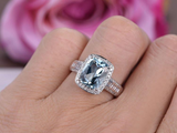 2.8ct Cushion Cut Blue Aquamarine Diamond Accent Halo Ring 14k White Gold Finish