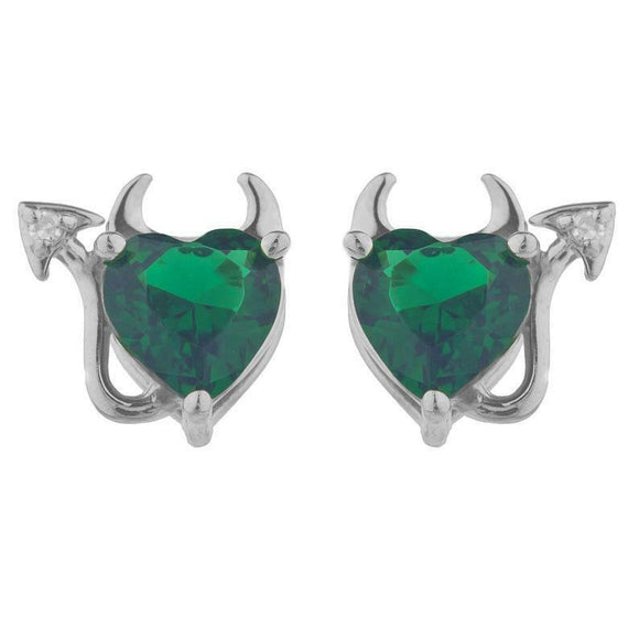 1.5ct Stud Earrings Heart Cut Green Emerald Devil Design 14k White Gold Finish