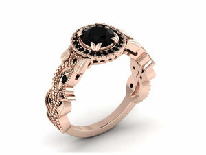 Milgrain Halo Engagement Ring 2.2ct Round Cut Black Diamond 14k Rose Gold Finish