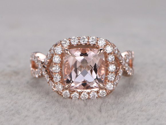 2.5ct Cushion Cut Morganite Infinity Band Halo Engagement Ring 14k RoseGold Over