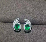 2ct Stud Earrings Oval Cut Green Emerald Halo Design 14k White Gold Finish