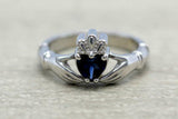 1ct Heart Cut Blue Sapphire Engagement Ring Claddagh Irish 14k White Gold Finish