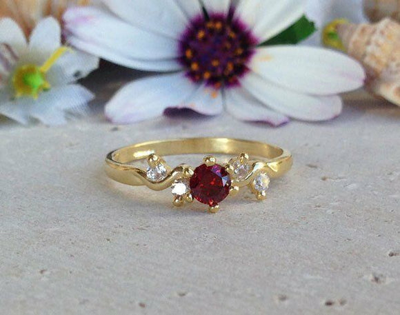 1ct Round Cut Red Garnet Engagement Ring 14k Yellow Gold Over 5 Stone Minimalist