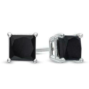 1.5Ct Princess Cut Black Diamond Stud Solitaire Earrings 14K White Gold Finish