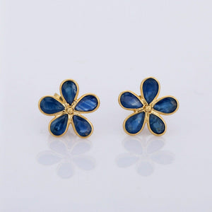 2.2ct Stud Earrings Pear Cut Blue Sapphire Flower 14k Yellow Gold Finish