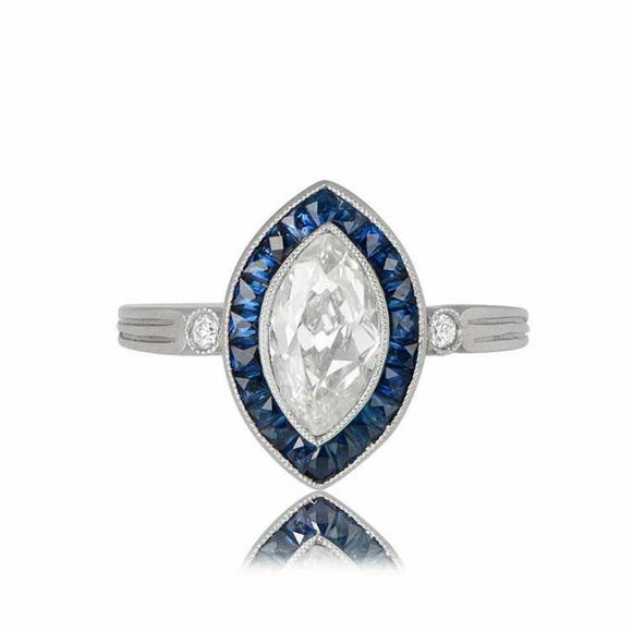 2ct Marquise Diamond Blue Sapphire Art Deco Engagement Ring 14k White Gold Over