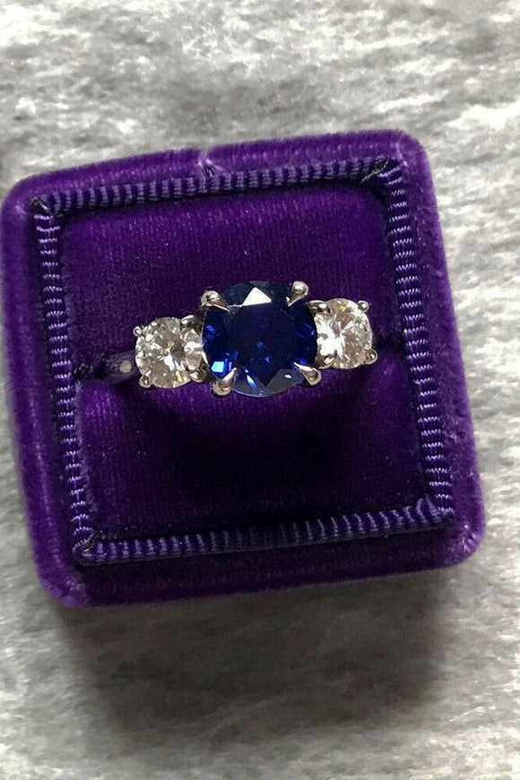 3Ct Round Cut Blue Sapphire Diamond Trilogy Engagement Ring 18K White Gold Over