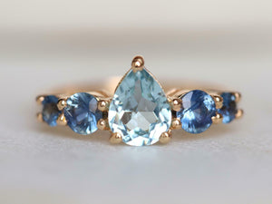 1.5ct Engagement Ring Pear Cut Blue Aquamarine Five Stone 14k Yellow Gold Finish