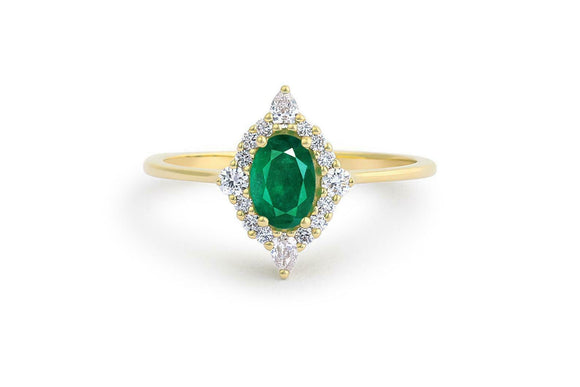 1.6ct Oval Cut Green Emerald Diamond Halo Engagement Ring 14k Yellow Gold Finish