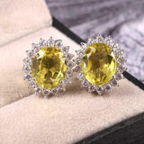 3.5ct Stud Earrings Oval Cut Yellow Sapphire Halo Floral 14k White Gold Finish