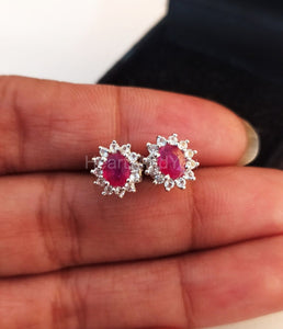 1ct Oval Cut Simulated Pink Ruby Floral Halo Stud Earrings 14k White Gold Plated