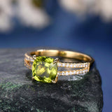 2Ct Cushion Cut Green Peridot Split Shank Engagement Ring 14K Yellow Gold Finish