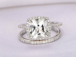 5Ct Cushion Cut VVS1/D Diamond Bridal Set Halo Ring Band 14K White Gold Finish