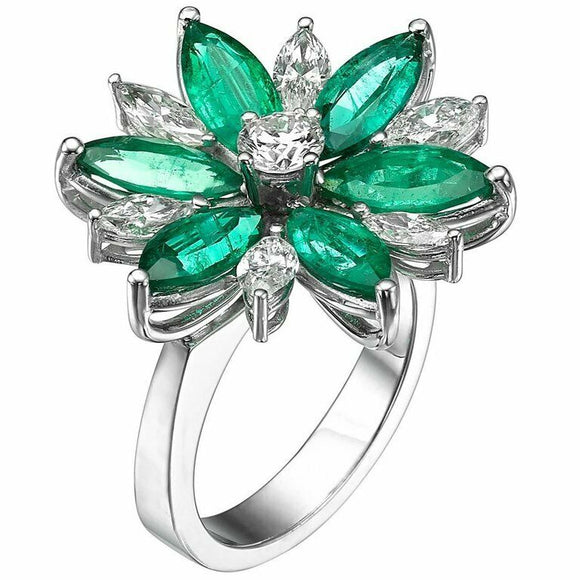 1.73ct Marquise Cut Green Emerald Engagement Ring Flower 14k White Gold Finish