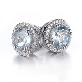 2ct Round Cut Blue Aquamarine Halo Diamond Stud Earrings 14k White Gold Finish