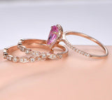 2.5ct Pear Cut Pink Sapphire Halo Trio Set Engagement Ring 14k Rose Gold Finish