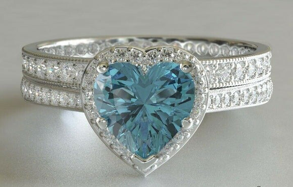 2ct Heart Cut Blue Aquamarine Engagement Ring Halo Bridal Set 14k WhiteGold Over