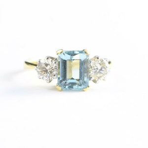 0.88ct Emerald Cut Blue Aquamarine Trilogy Engagement Ring 14k YellowGold Finish