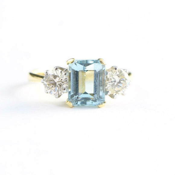 0.88ct Emerald Cut Blue Aquamarine Trilogy Engagement Ring 14k YellowGold Finish