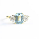 0.88ct Emerald Cut Blue Aquamarine Trilogy Engagement Ring 14k YellowGold Finish