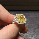 5Ct Radiant Cut Yellow Sapphire Iced Halo Engagement Ring 14K White Gold Finish