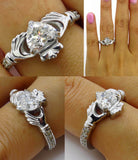 2Ct Heart Cut Diamond Solitaire Engagement Claddagh Ring 14K White Gold Finish