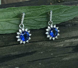 1.5ct Round Cut Blue Sapphire Diamond Floral Drop Earrings 14k White Gold Finish