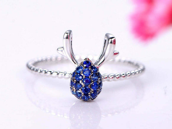 1.3ct Round Cut Blue Sapphire Engagement Ring Deer Antler 14k White Gold Finish