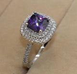 2ct Cushion Cut Purple Amethyst Engagement Ring 14k White Gold Finish Dual Halo