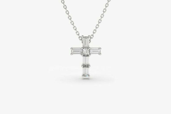 2ct Baguette Cut Diamond Jesus Cross Holy Pendant with Chain 14k White Gold Over