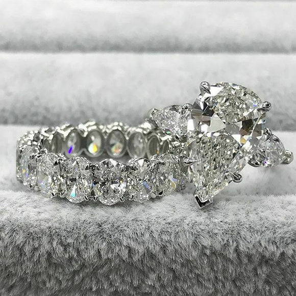 7Ct Diamond Bridal Set Pear Cut Trilogy Ring Eternity Band 14K White Gold Finish