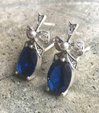 2ct Drop Earrings Oval Cut Blue Sapphire Knot Partywear 14k White Gold Finish