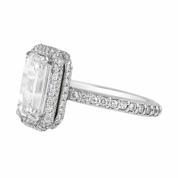 5Ct Emerald Cut Diamond Hidden Dual Halo Engagement Ring 14K White Gold Finish