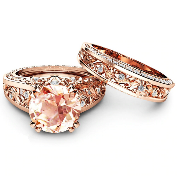 2.9ct Round Cut Peach Morganite Engagement Ring 14k Rose Gold Finish Bridal Set