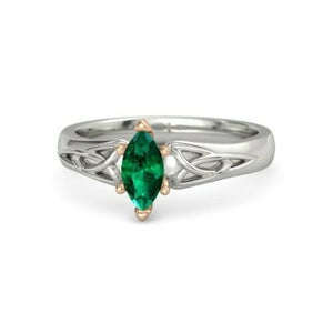 1Ct Marquise Green Emerald Trinity Solitaire Engagement Ring 14K Dual Gold Over