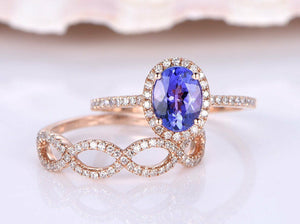 2ct Oval Blue Tanzanite Infinity Bridal Set Engagement Ring 14k RoseGold Finish