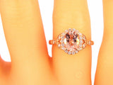 2.5Ct Oval Cut Peach Morganite Diamond Leaf Accents Halo Ring 14K Rose Gold Over