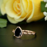 1.2ct Pear Black Diamond Engagement Ring 14k RoseGold Over Halo Accent Solitaire