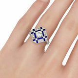 3Ct Round Cut Diamond Blue Sapphire Engagement Art Deco Ring 14K White Gold Over