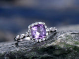 1Ct Cushion Cut Purple Amethyst Halo Vintage Solitaire Ring 14K White Gold Over