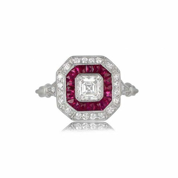 3ct Asscher Cut Diamond Pink Ruby Trendy Halo Art Deco Ring 14k White Gold Over