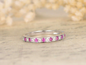 1.2ct Round Cut Pink Sapphire Wedding Band Half Eternity 14k White Gold Finish