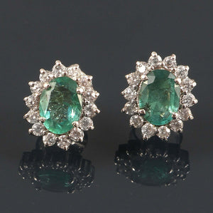 2.3ct Oval Cut Green Emerald Diamond Floral Stud Earrings 14k White Gold Finish