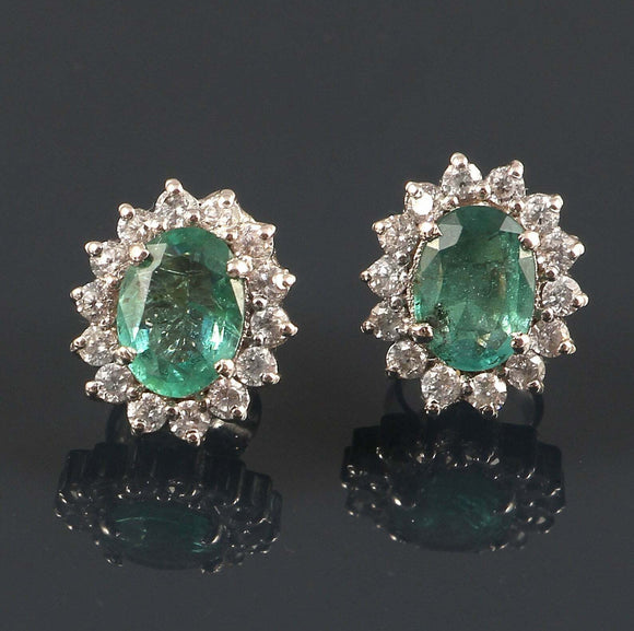 2.3ct Oval Cut Green Emerald Diamond Floral Stud Earrings 14k White Gold Finish