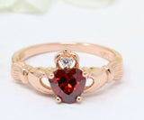 1.1Ct Heart Cut Red Garnet Claddagh Ring Irish Engagement 14K Rose Gold Finish