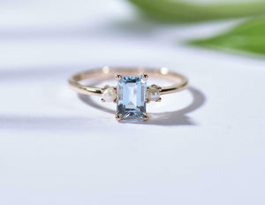 0.7ct Emerald Cut Blue Aquamarine Engagement Ring Trilogy 14k Yellow Gold Finish