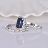 1ct Cushion Cut Blue Sapphire Bridal Set Engagement Ring 14k White Gold Finish