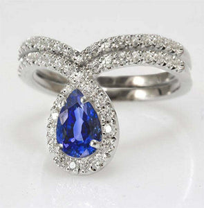 2ct Pear Blue Sapphire Engagement Ring Halo Tiara Bridal Set 14k White Gold Over